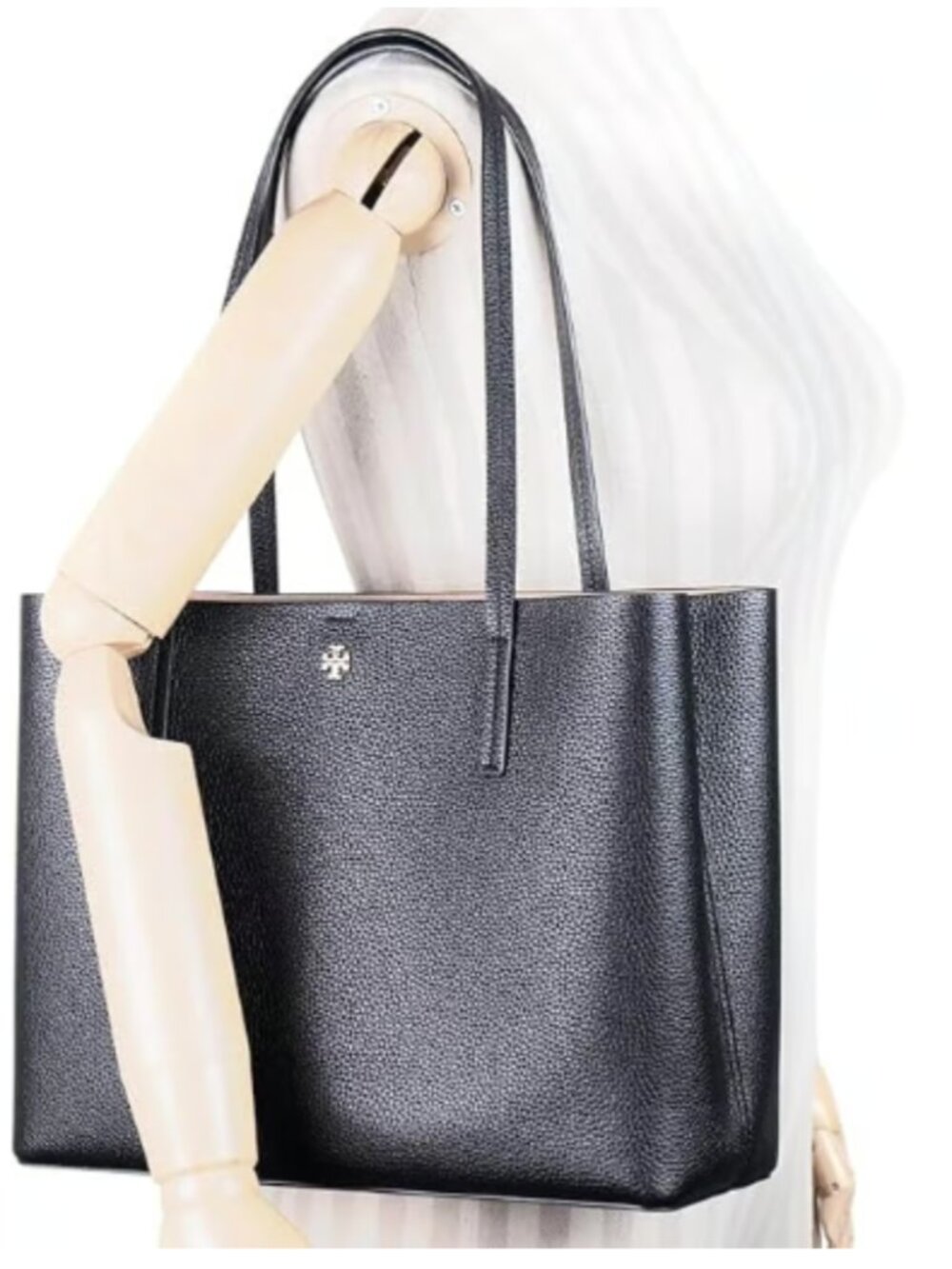 Tory Burch Women's Blake Pebbled Leather Center Zip Tote Purse Black